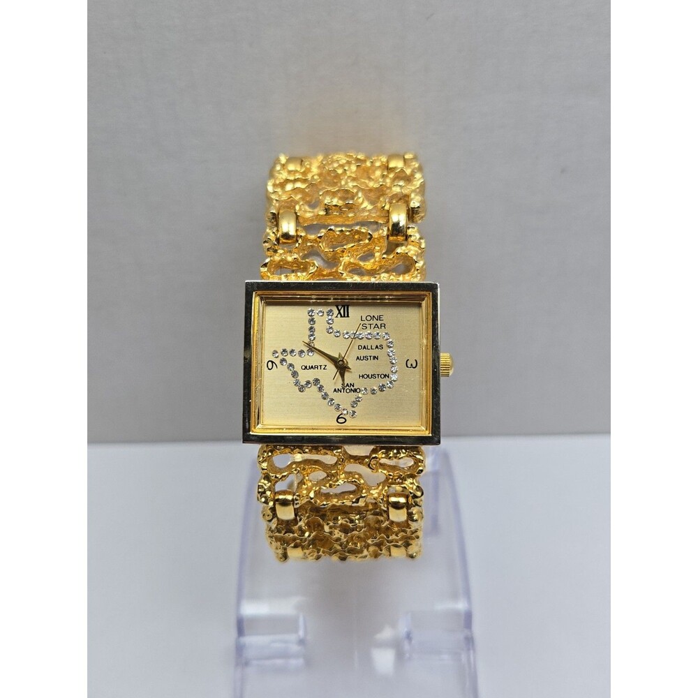 Lone Star Texas Rhinestone Map Quartz Gold Tone Nugget Watch Western New Battery